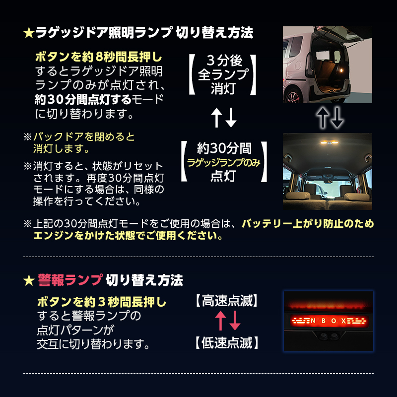 HONDA N-BOX・N-BOXカスタム JF3/JF4　JF5/JF6 専用   ラゲッジドア照明ランプ＆プロジェクションランプ＆警報ランプキット_点灯モード切り替え方法説明画像