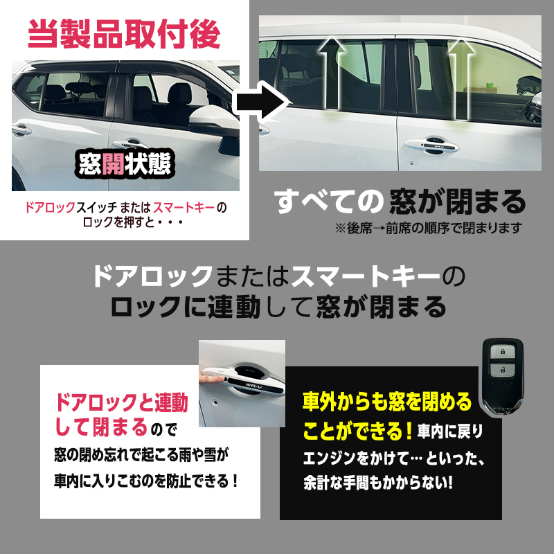HONDA WR-V 対応  オートパワーウインドウキット 全窓 パワーウインドウ オート化 挟み込み防止機能_製品説明画像