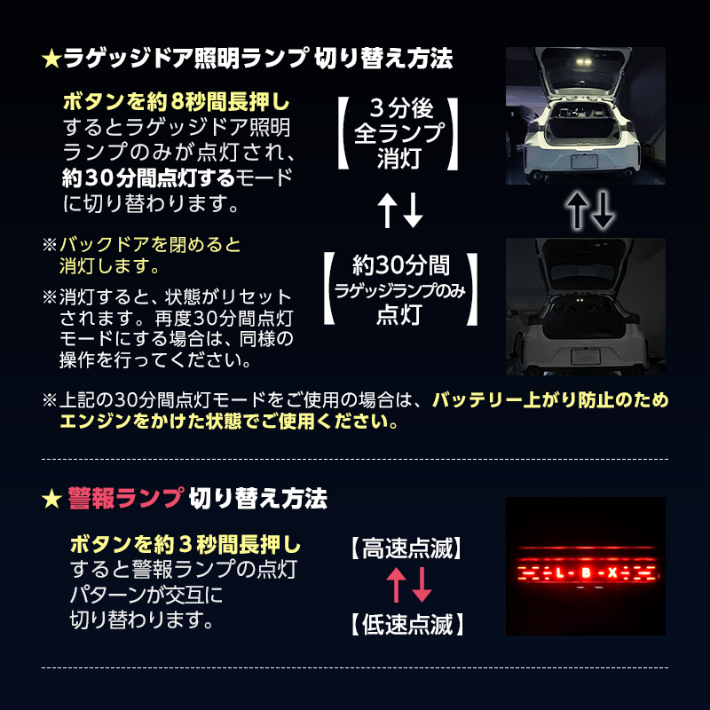 LEXUS レクサス LBX 専用 車内灯 LED ラゲッジドア照明 プロジェクション 警告ランプ キット_点灯設定切り替え方法2