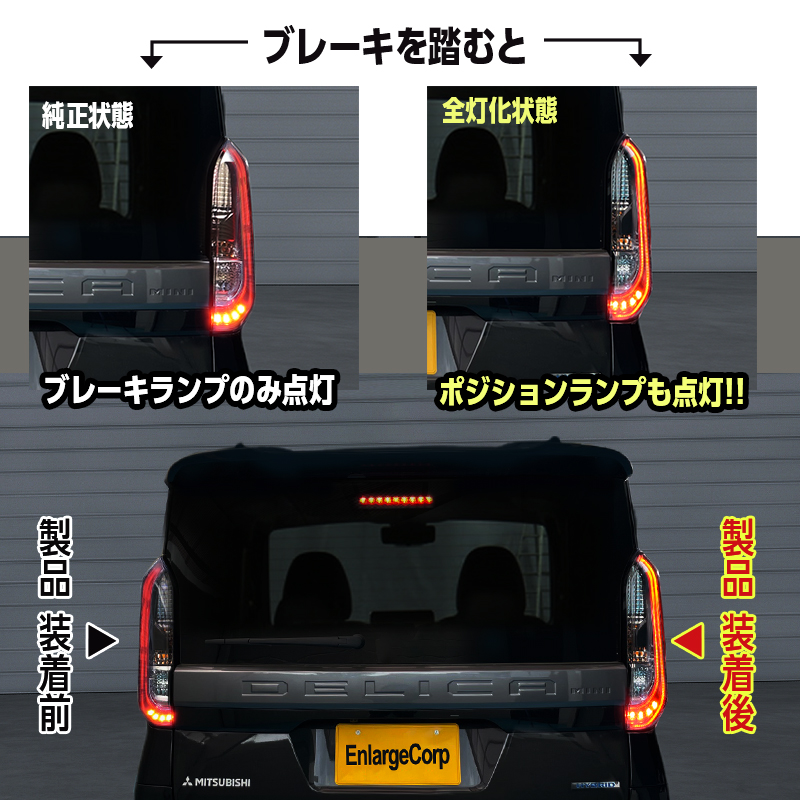 三菱 デリカミニ 5AA-B34A B37A 4AA-B35A B38A 全グレード対応 ブレーキランプ 全灯化キット_純正状態と当製品取付後の比較