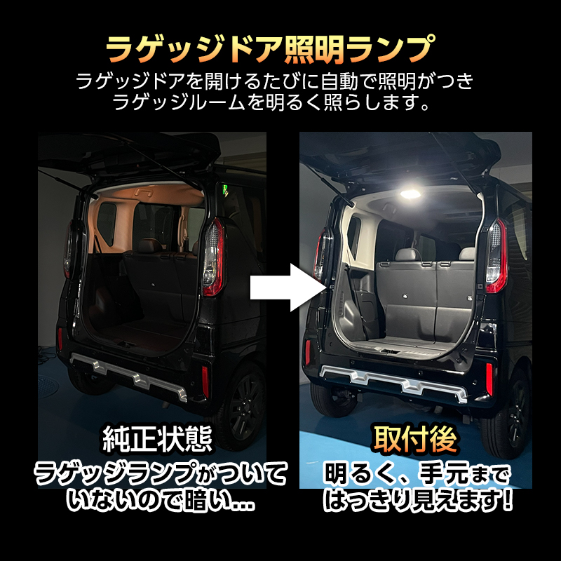 MITSUBISHI デリカミニ 専用 ラゲッジドア 照明 ランプ & リアルーム ランプ & プロジェクション ランプ & 警報ランプ キット_ラゲッジドアランプ照明説明画像