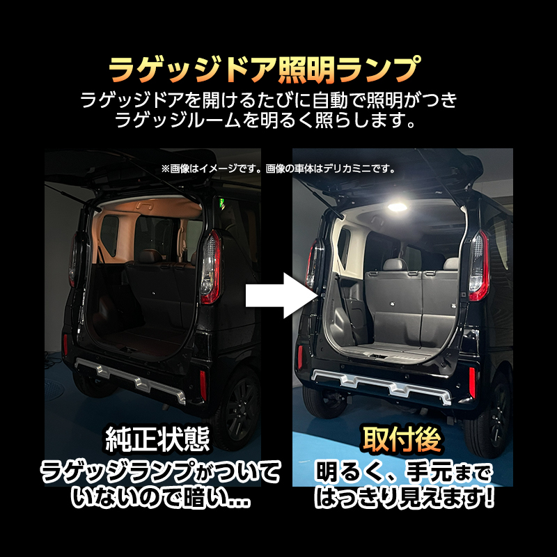 NISSAN ROOX ルークス  BB1A / BB5A・ BB2A / BB6A （R7年9月～）専用 ラゲッジドア 照明 ランプ & リアルーム ランプ & プロジェクション ランプ & 警報ランプ キット_ラゲッジドアランプ照明説明画像