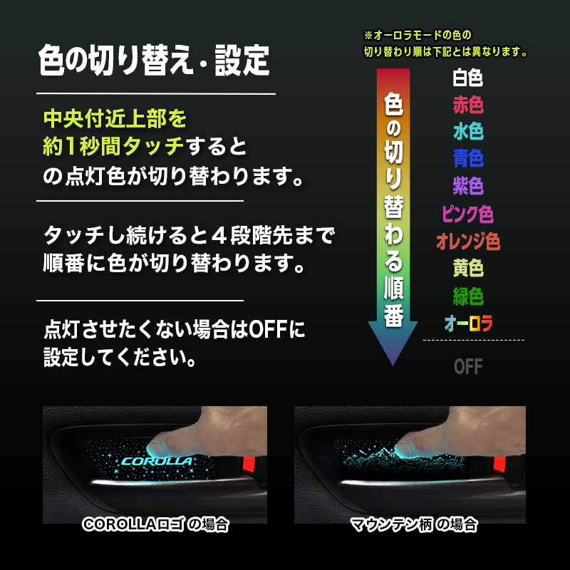 TOYOTA カローラ 汎用 インナーハンドル LEDイルミネーションライト_マウンテン柄Ver.オーロラモード説明画像