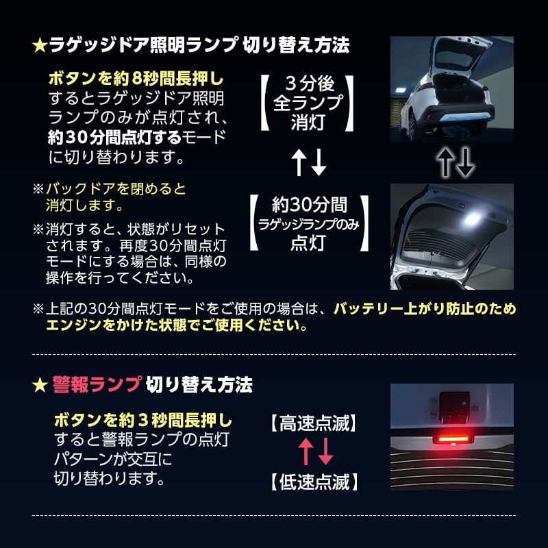 TOYOTA カローラクロス ラゲッジドア照明ランプ＆プロジェクションランプ＆警報ランプキット_ラゲッジランプ・警報ランプ 点灯パターン切り替え方法画像