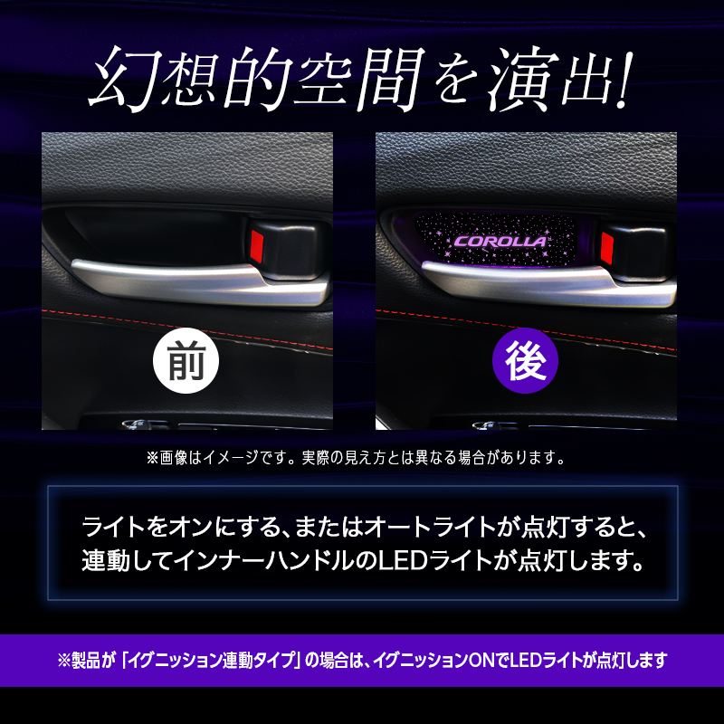 カローラクロス ZSG10 MXGA10 ZVG11 ZVG13 ZVG15 ZVG16 専用 インナーハンドル LEDイルミネーションライト_取付イメージ画像