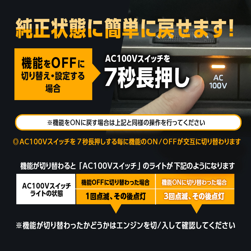 TOYOTA トヨタ CROWN ESTATE クラウンエステート 対応 ハイブリッド車両 対応 オート AC100V スイッチ自動ONキット_機能切替説明画像