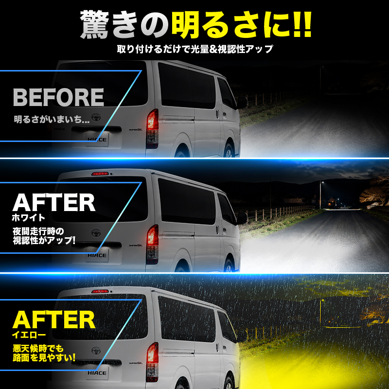 TOYOTA ハイエース 200系 9型 R7年12月～ 対応 LEDフォグランプ ビフォーアフター