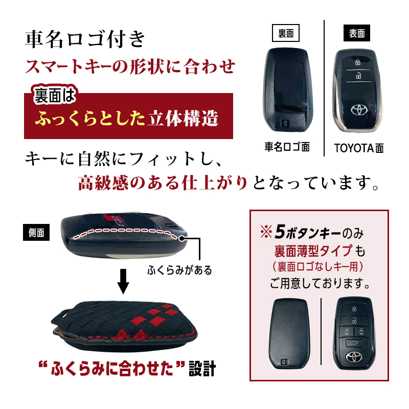 TOYOTA車両 専用 スマートキーケース  高級 スエード素材 手縫い 立体型押し  5ボタン｜3ボタン ｜2ボタン_対応キータイプ説明画像